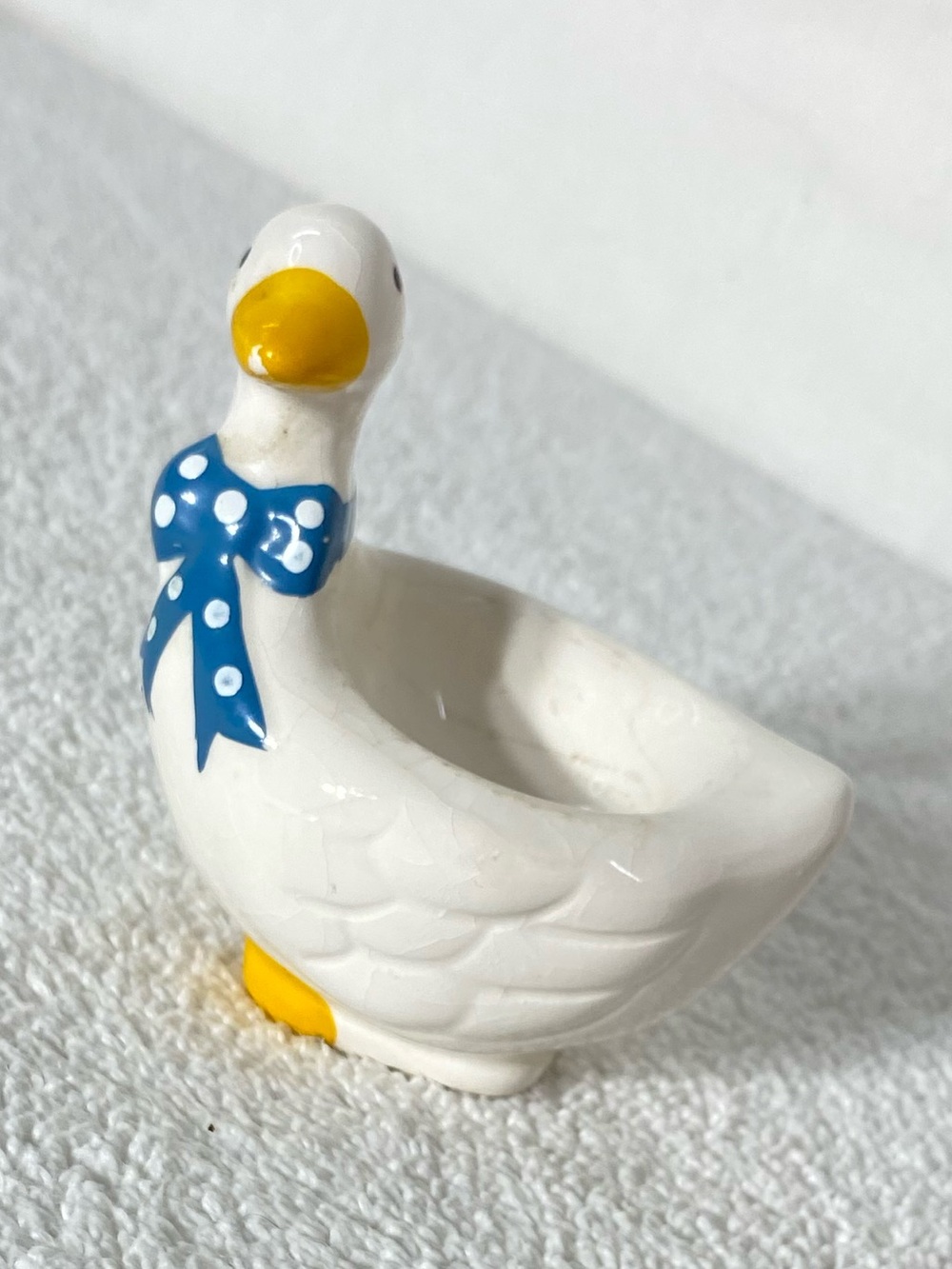5/$35 Vintage 1980s Country Goose Ceramic Egg Cup Blue Polka Dot Bow Holder